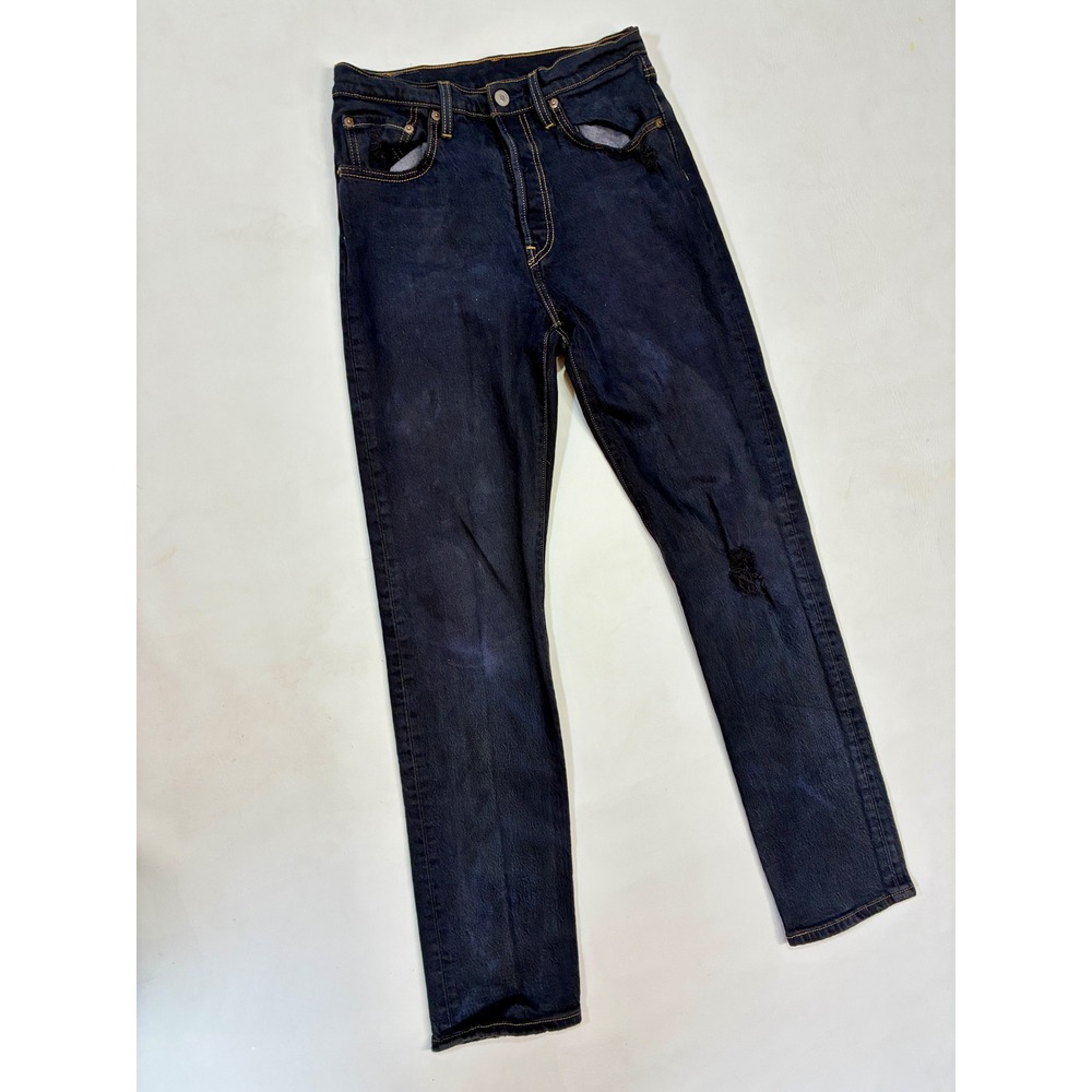 Levi's 501 Dark Wash Denim Jeans Distressed Ripped‎ Raw Hem Button Fly - Picture 10 of 13